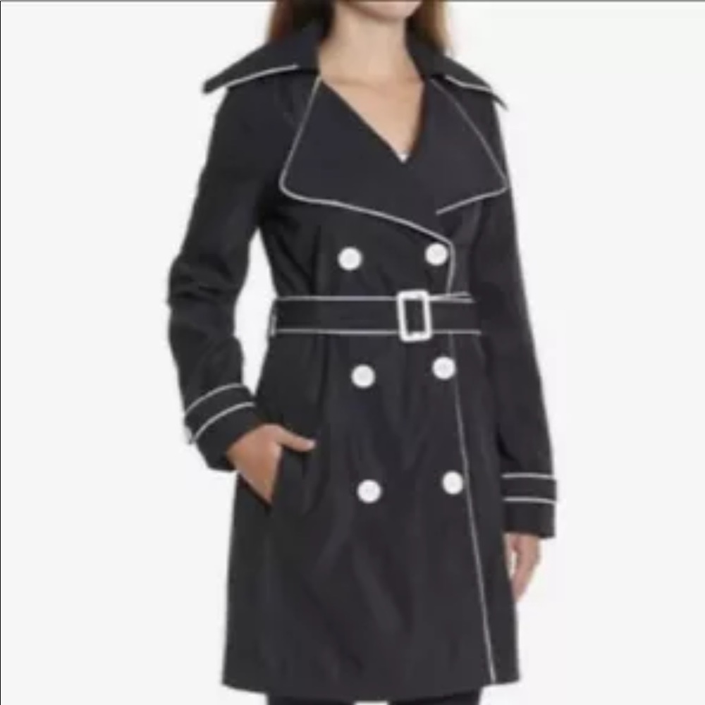 Vertigo black w/ white piping retro style collared belted rain tench coat jacket - Picture 1 of 12